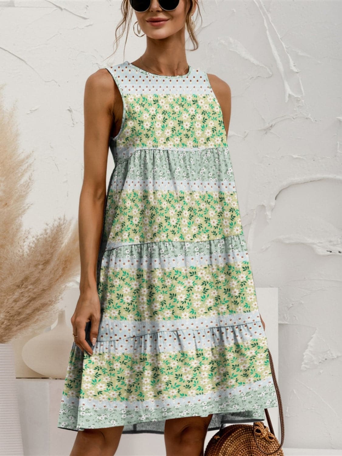 Tiered Printed Round Neck Sleeveless Dress.