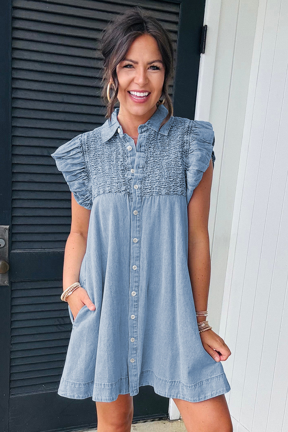 Beau Blue Flutter Sleeve Shirred Button Up Denim Mini Dress Divine Design4U