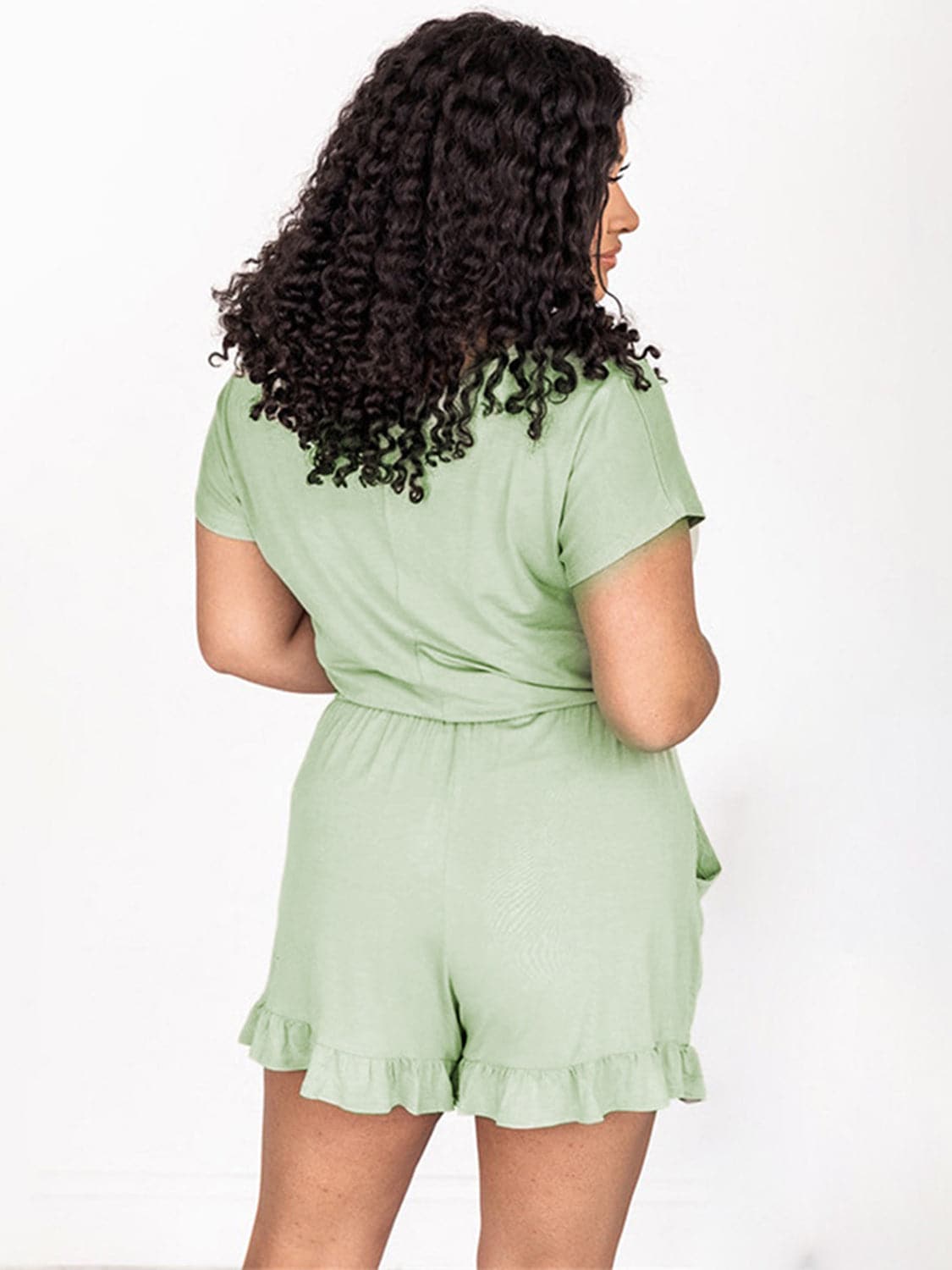 Ruffled Boat Neck Short Sleeve Romper.