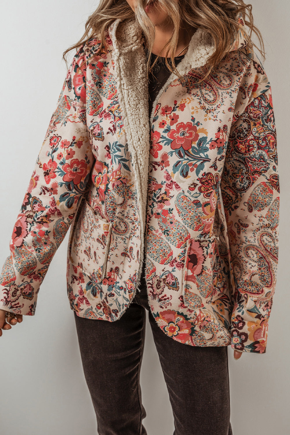 Beige floral paisley hooded Sherpa jacket for a vintage vibe