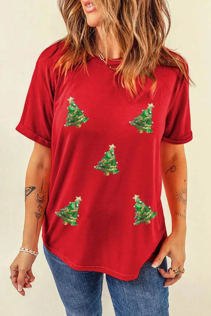 Sequin Christmas Tree Round Neck Short Sleeve T-Shirt in red with festive tree design.