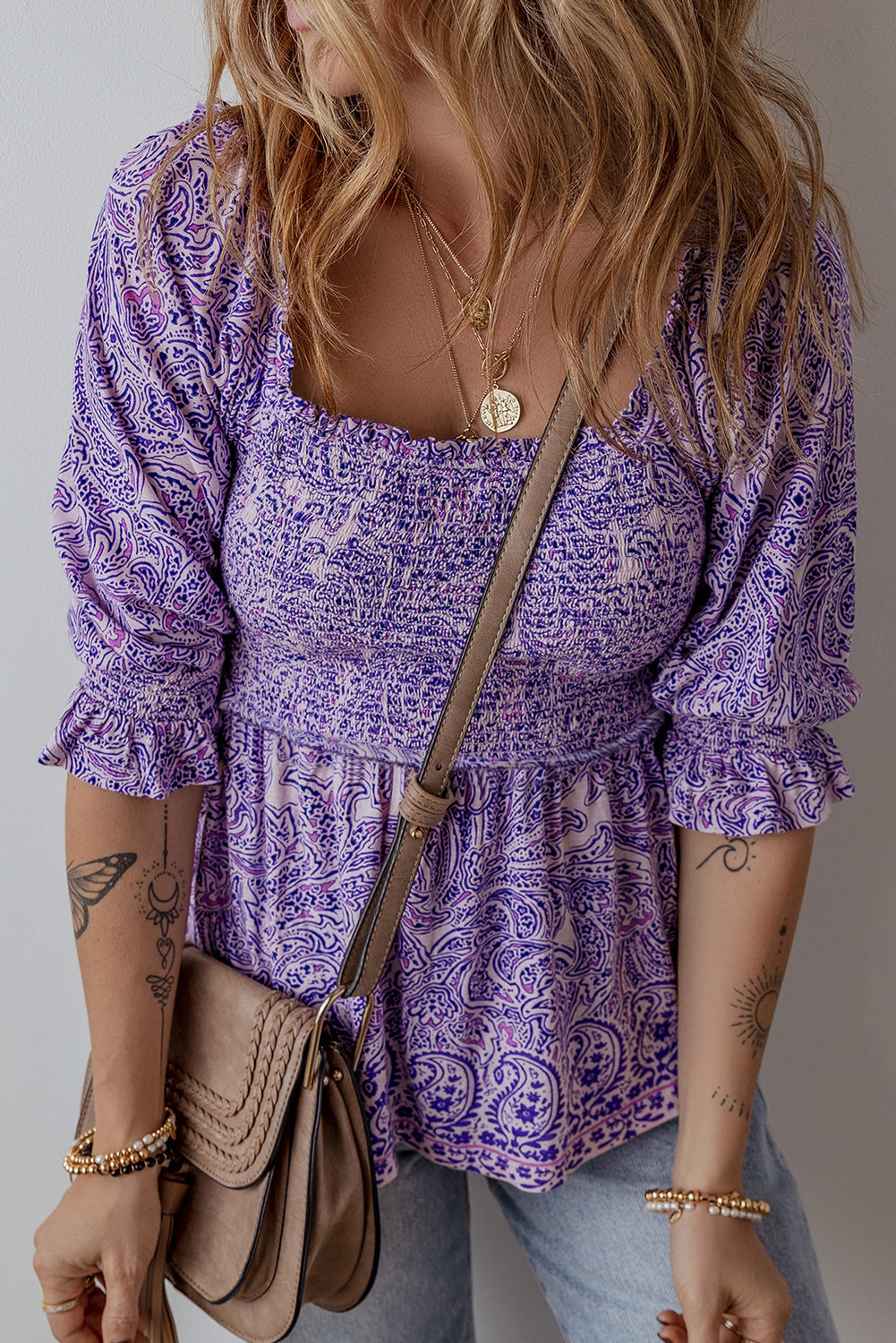 Purple Boho Paisley Print Half Sleeve Peplum Blouse