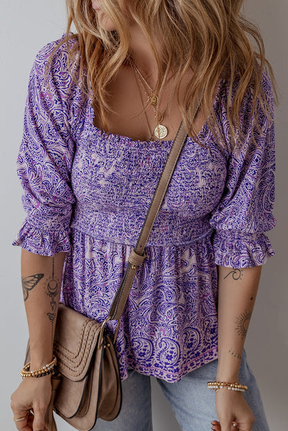 Purple Bohemian Paisley Print Shirred Peplum Blouse with Half Sleeves