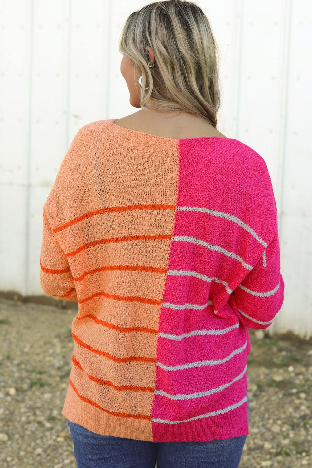 Striped Pocketed Dropper Shoulder Sweater.