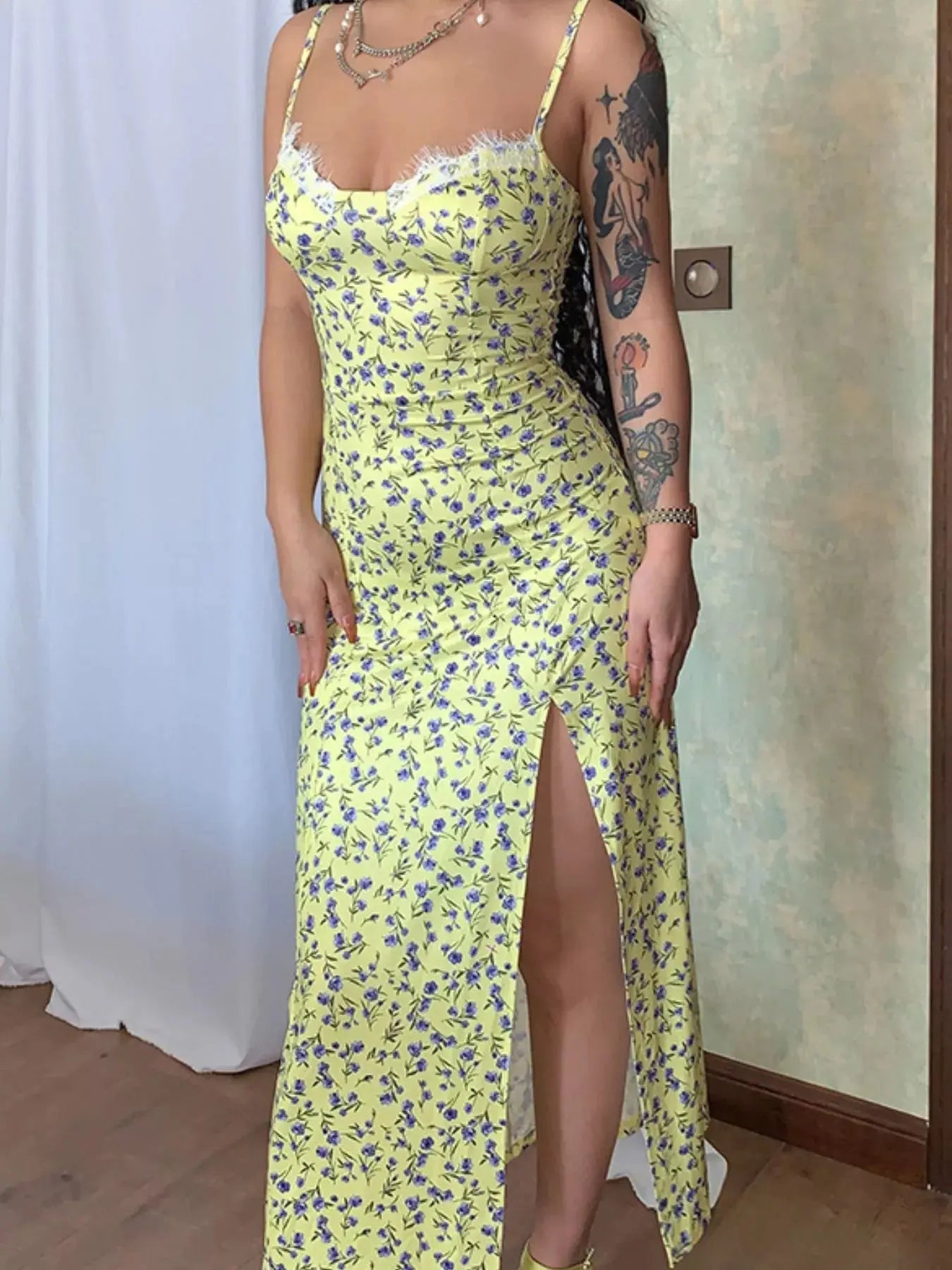 Floral Print Lace Trim Slit Midi Dress Simply Love