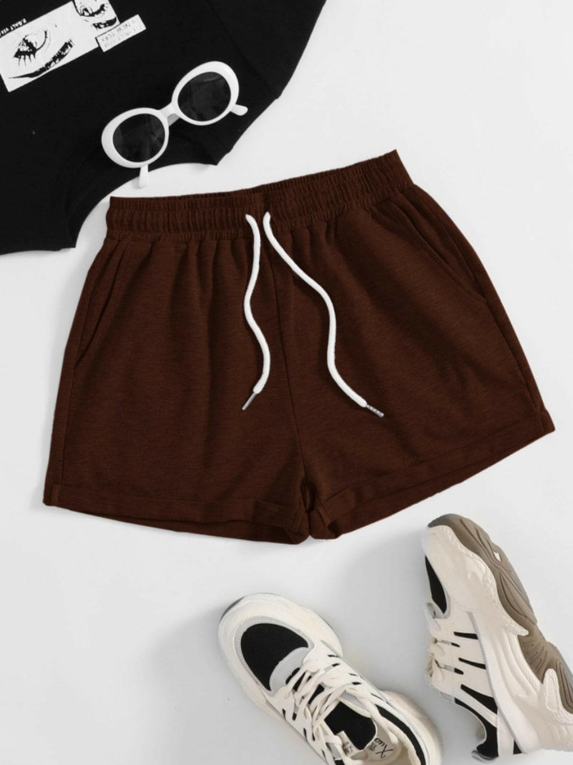 Drawstring Pocketed Elastic Waist Shorts.