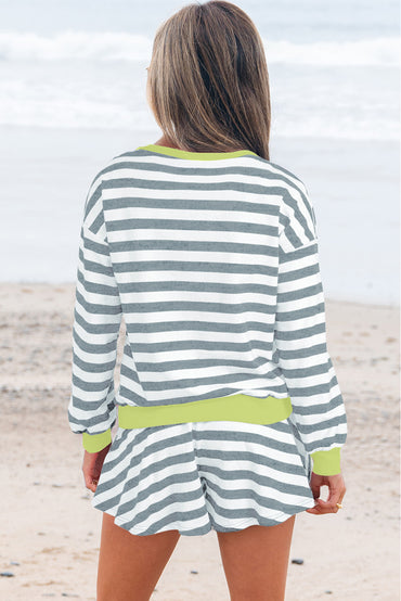 Premium Gray Stripe Ribbed Long Sleeve Blouse Plus Shorts Set