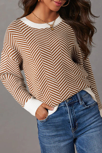 Coffee Contrast Edge Crew Neck Drop Shoulder Sweater Chic