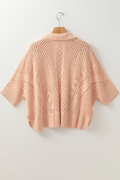 Apricot Pink Hollowed Knit 3/4 Dolman Sleeve Sweater