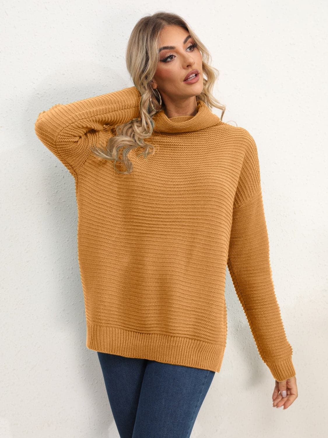 Slit Turtleneck Dropped Shoulder Sweater.