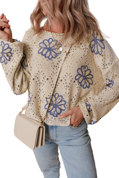 Beige floral eyelet drop shoulder sweater with contrast print