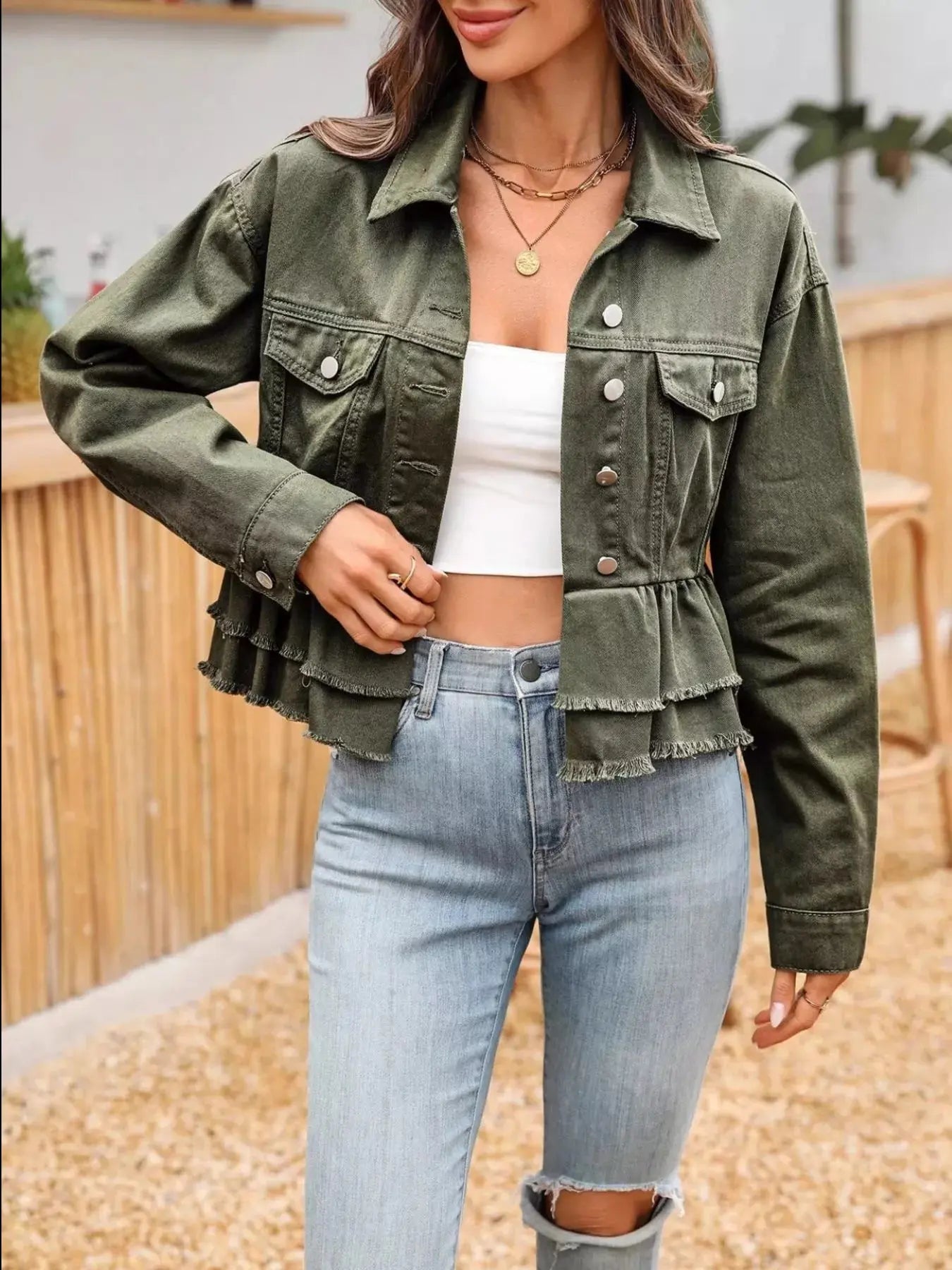 Ruffle Raw Hem Denim Jacket Simply Love