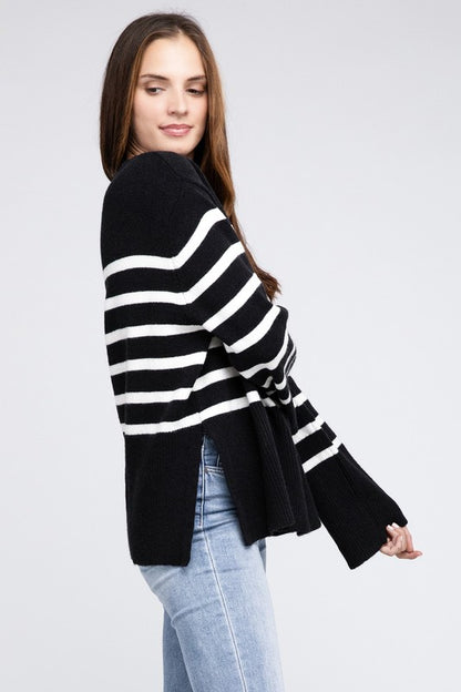 Ribbed hem striped sweater - cozy chic