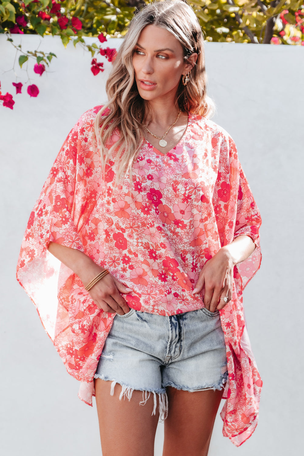 Pink floral boho kimono-style blouse with V neckline