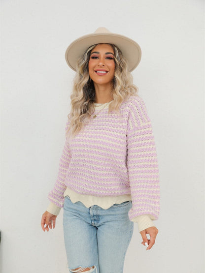 Striped Buttoned Round Neck Sweater.