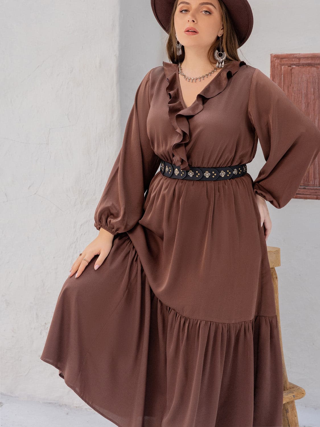 Plus Size V-Neck Ruffle Trim Maxi Dress.