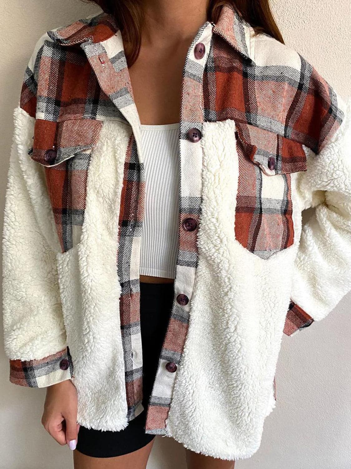 Fuzzy Button Up Long Sleeve Jacket.