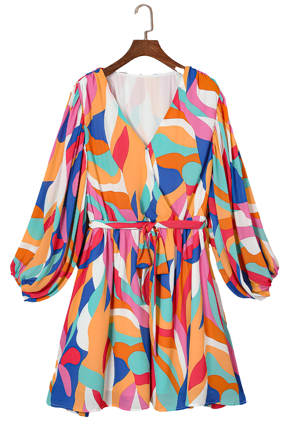 Vibrant multicolor abstract belted shift dress with oversized sleeves