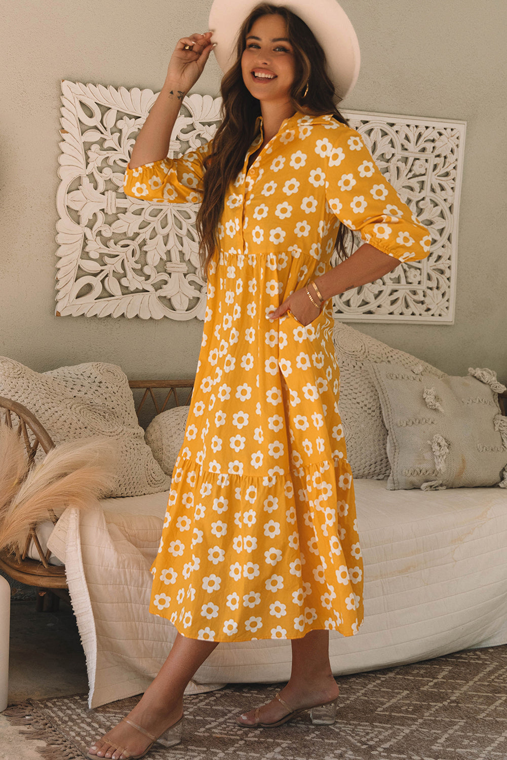 Floral Collared Maxi Dress - Yellow