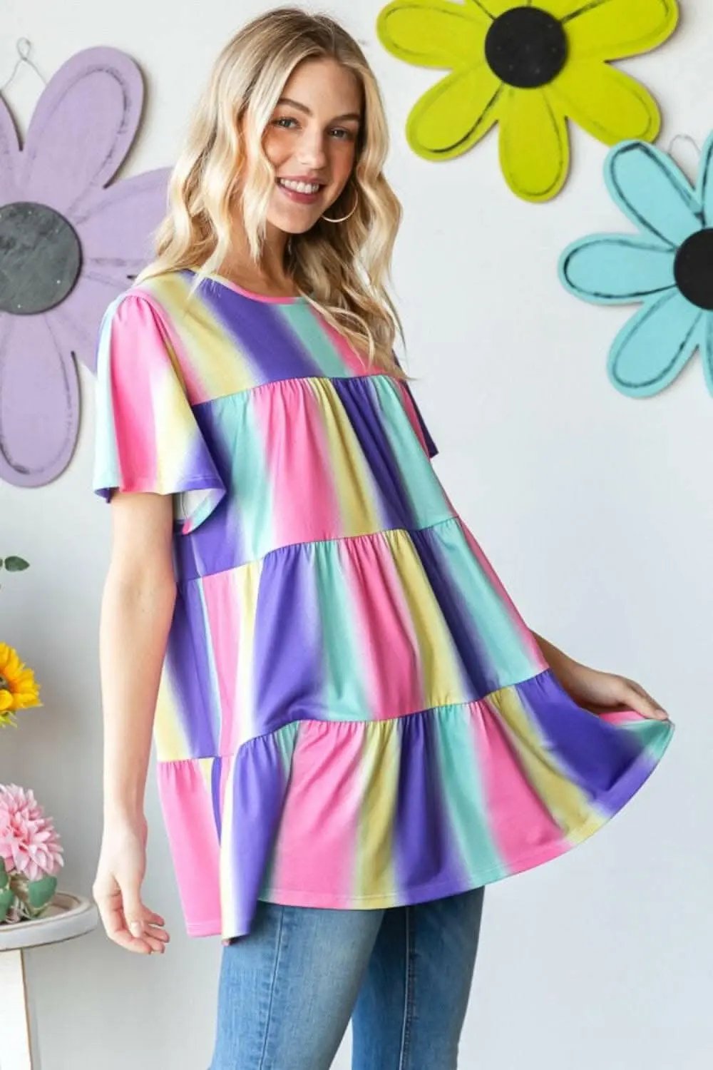 Heimish Full Size Short Sleeve Striped Tiered Top - Love Salve 