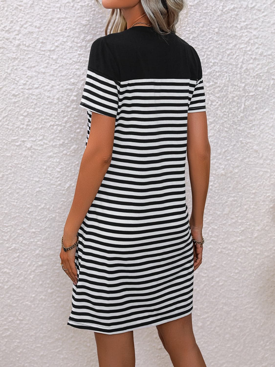 Striped Round Neck Short Sleeve Mini Tee Dress.