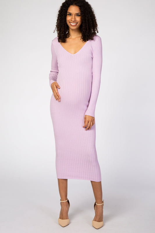 Lavender Fitted Maternity Maxi Dress With V Neck Long Sleeve PinkBlush