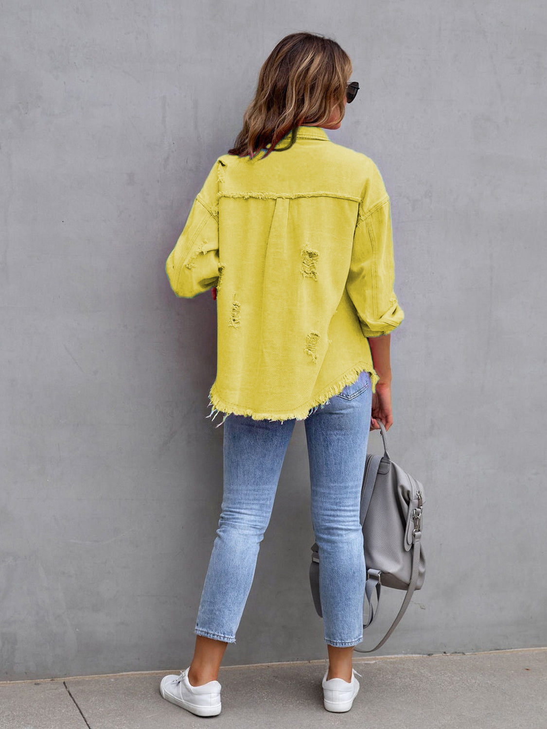 Distressed Drop Shoulder Denim Jacket Coco’s Tee Boutique