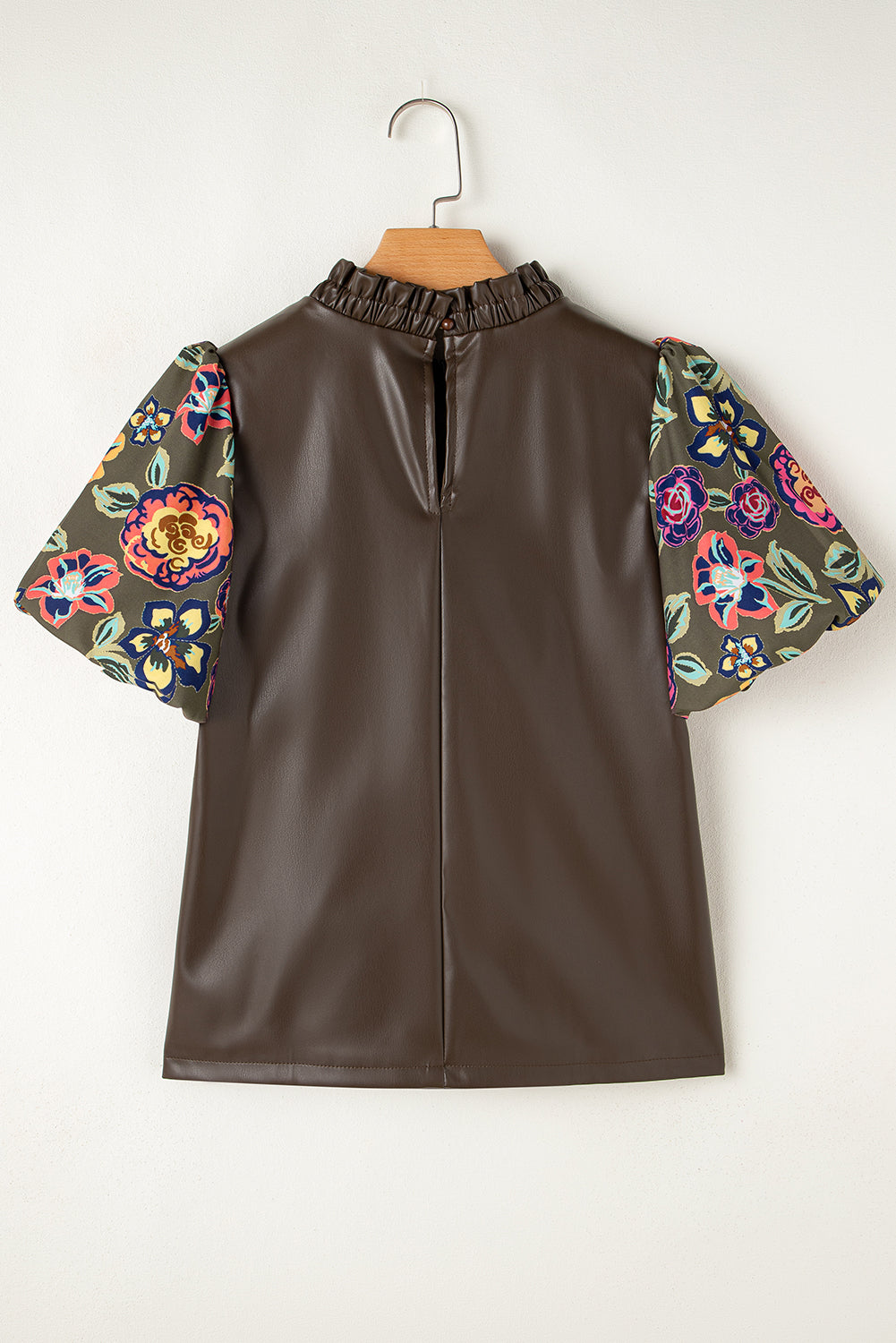 Faux Leather Floral Bubble Sleeve Shift Blouse with Frilled Stand Neck in Four Leaf Clover