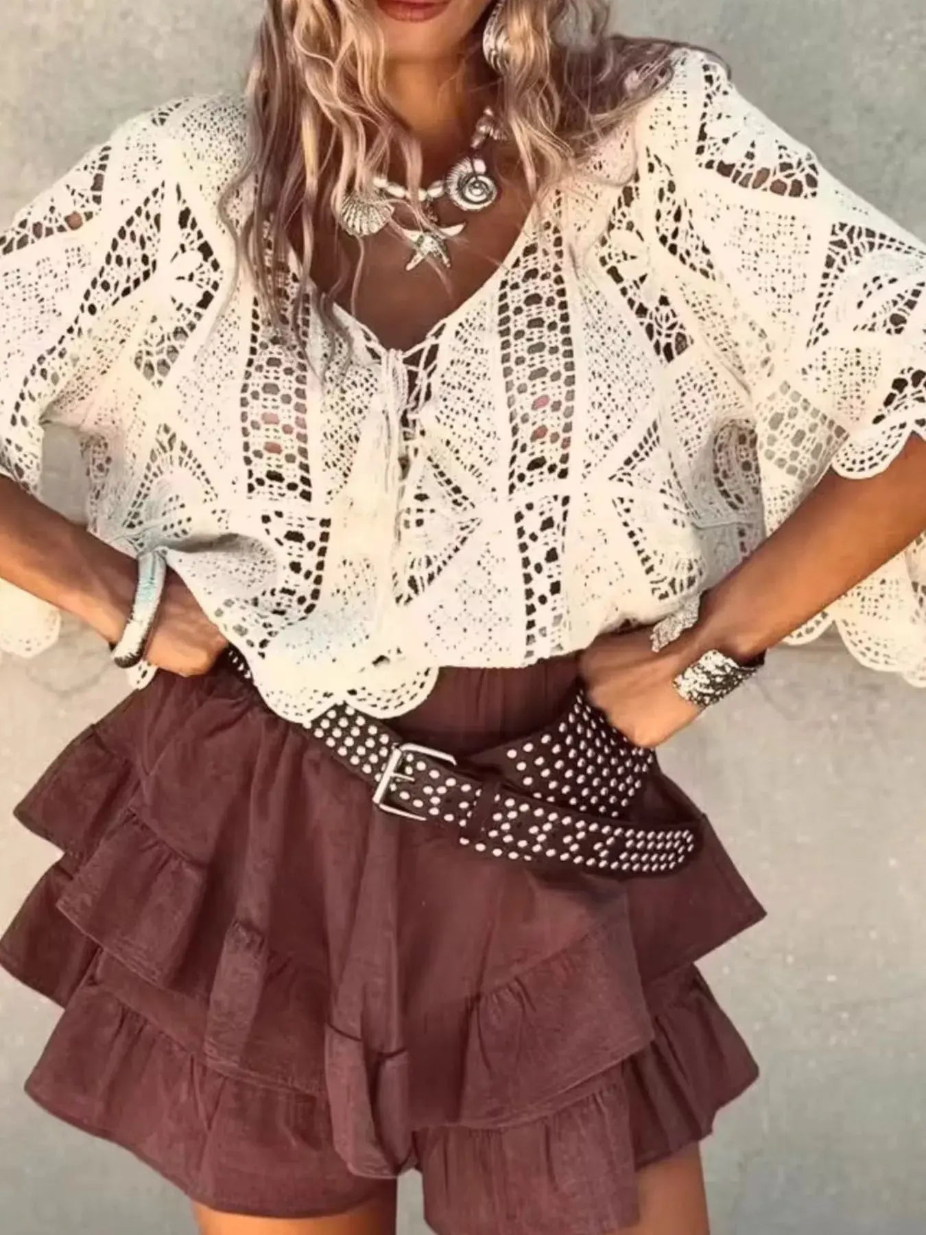 Tassel V-Neck Crochet Knit Top Simply Love