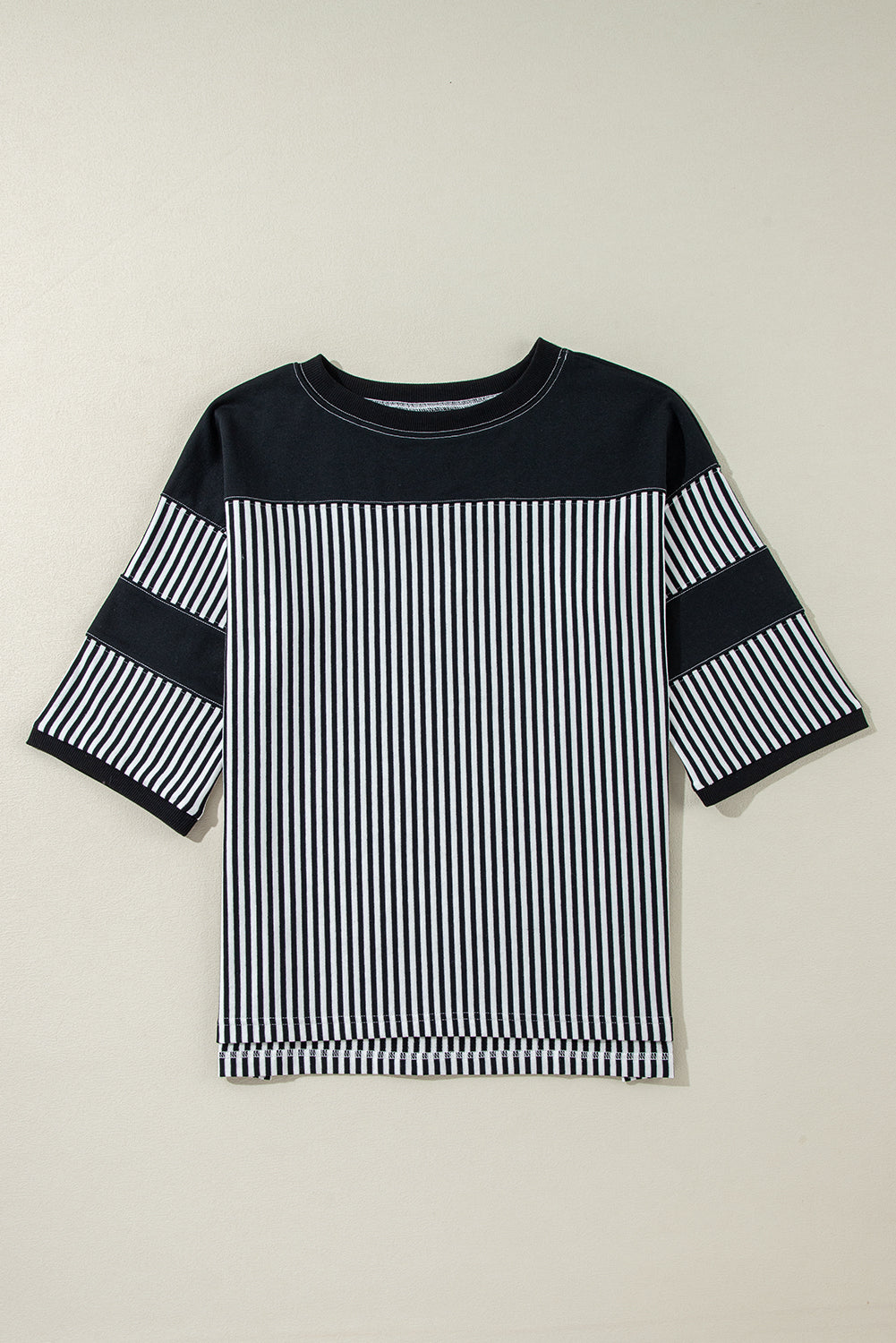 Chic black and white striped patchwork oversized top with 3/4 sleeves