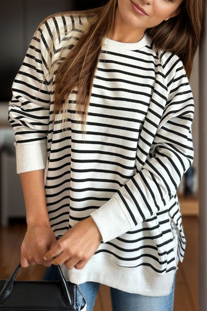 Striped long sleeve sweatshirt with stylish slit detail