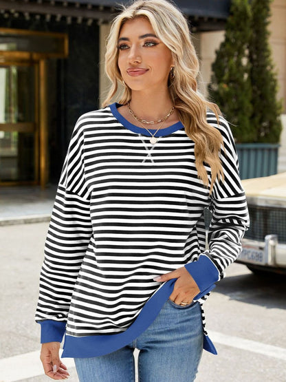 Slit Striped Round Neck Long Sleeve Sweatshirt.