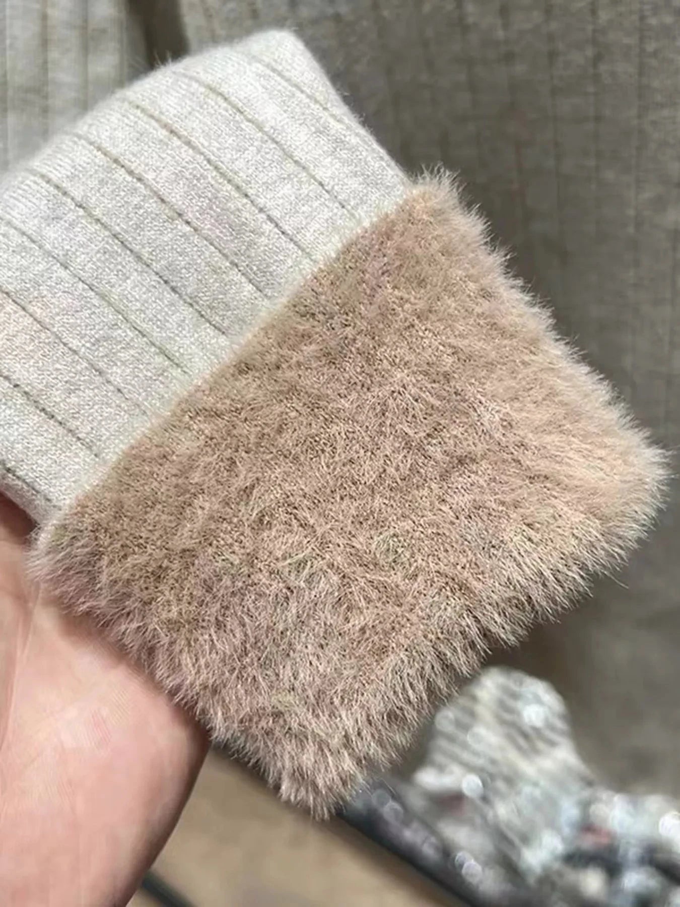 V-Neck Fleece Lined Ribbed Knit Top