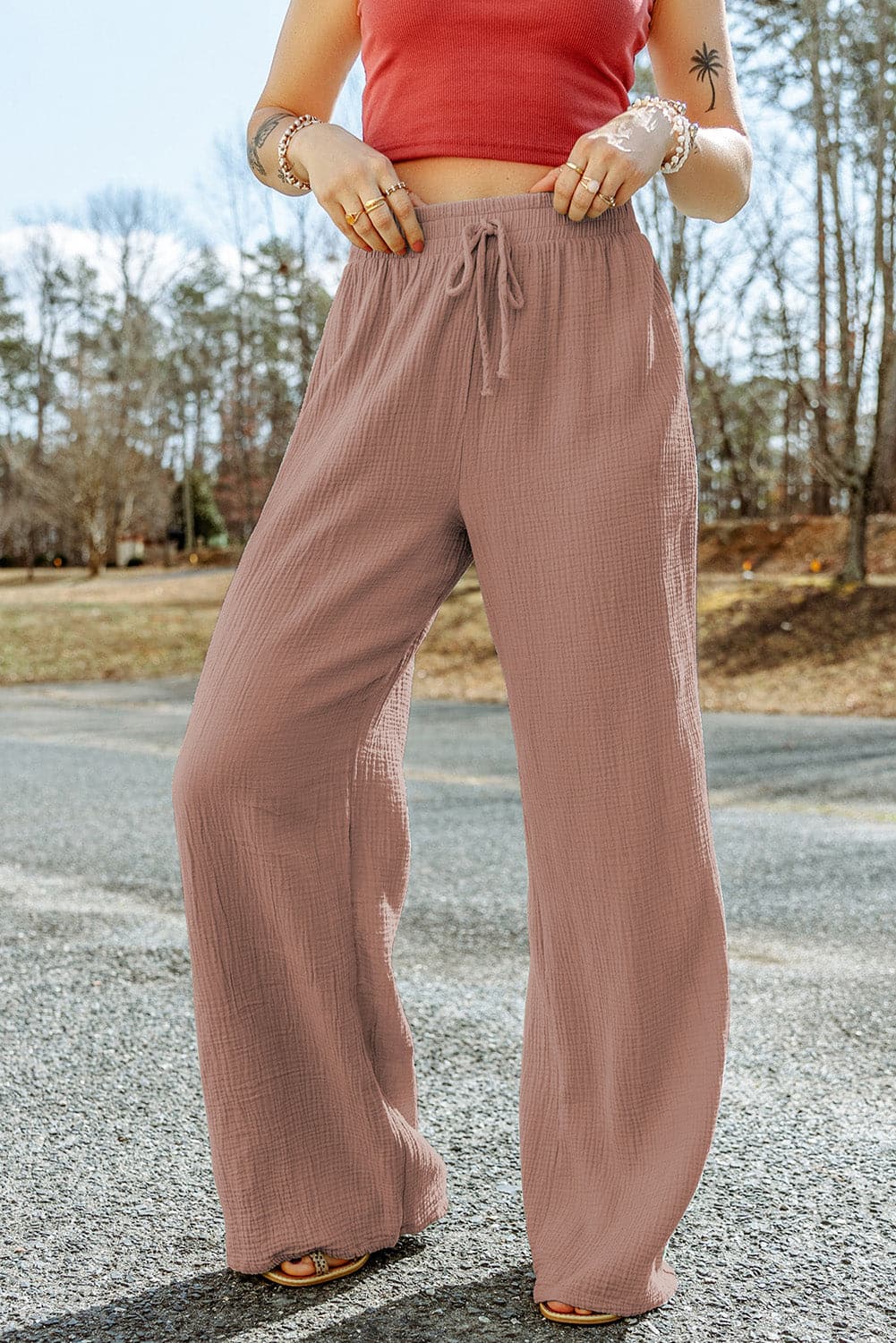 Texture Tied Wide Leg Pants.