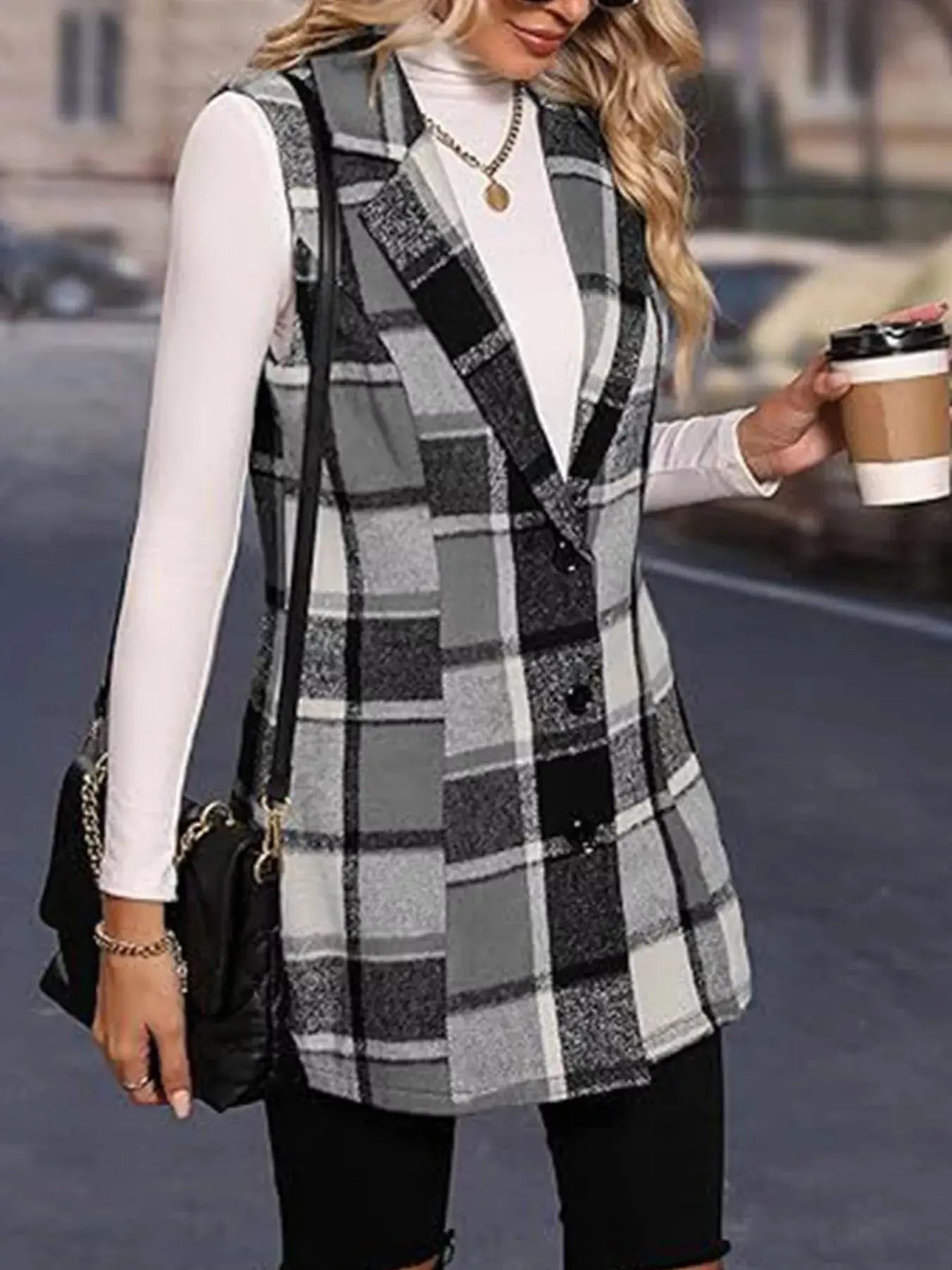 Plaid Button Up Vest Coat For Women Longline Polyester Simply Love