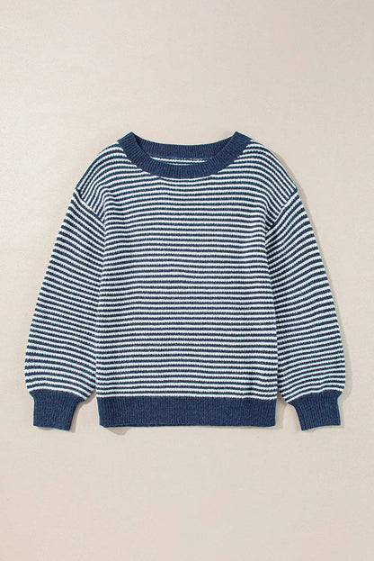 Cozy striped dropped shoulder sweater with round neck