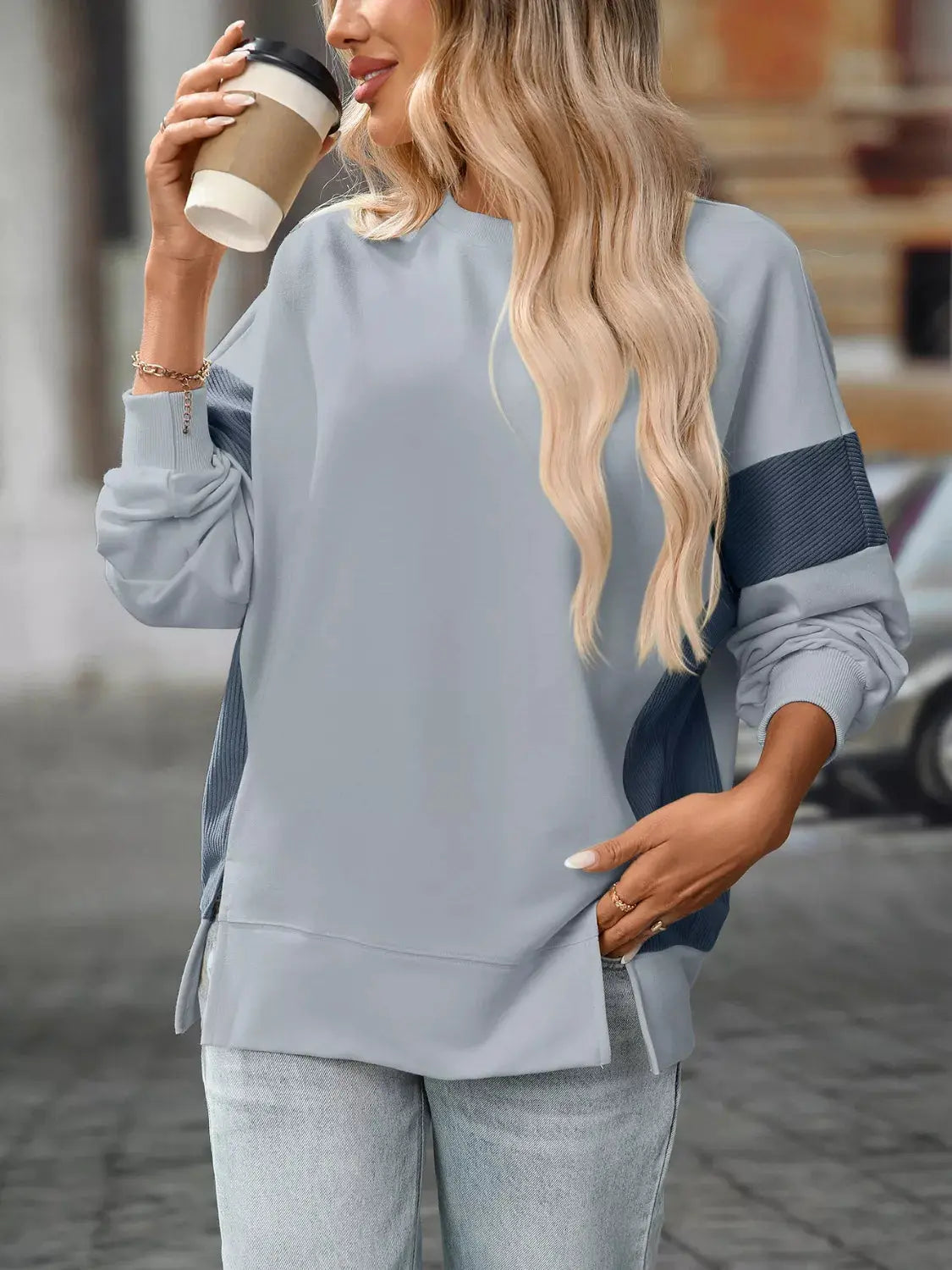 Side Slit Round Neck Sweatshirt Simply Love
