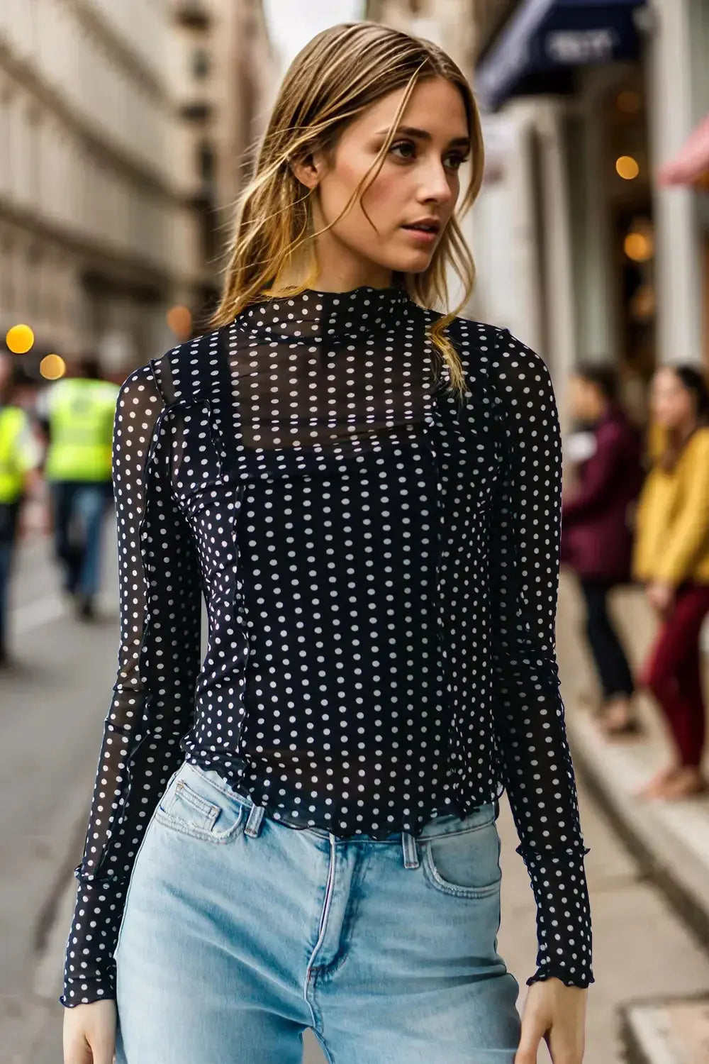 Oh Full Size Frill Printed Mock Neck Long Sleeve Top - Love Salve