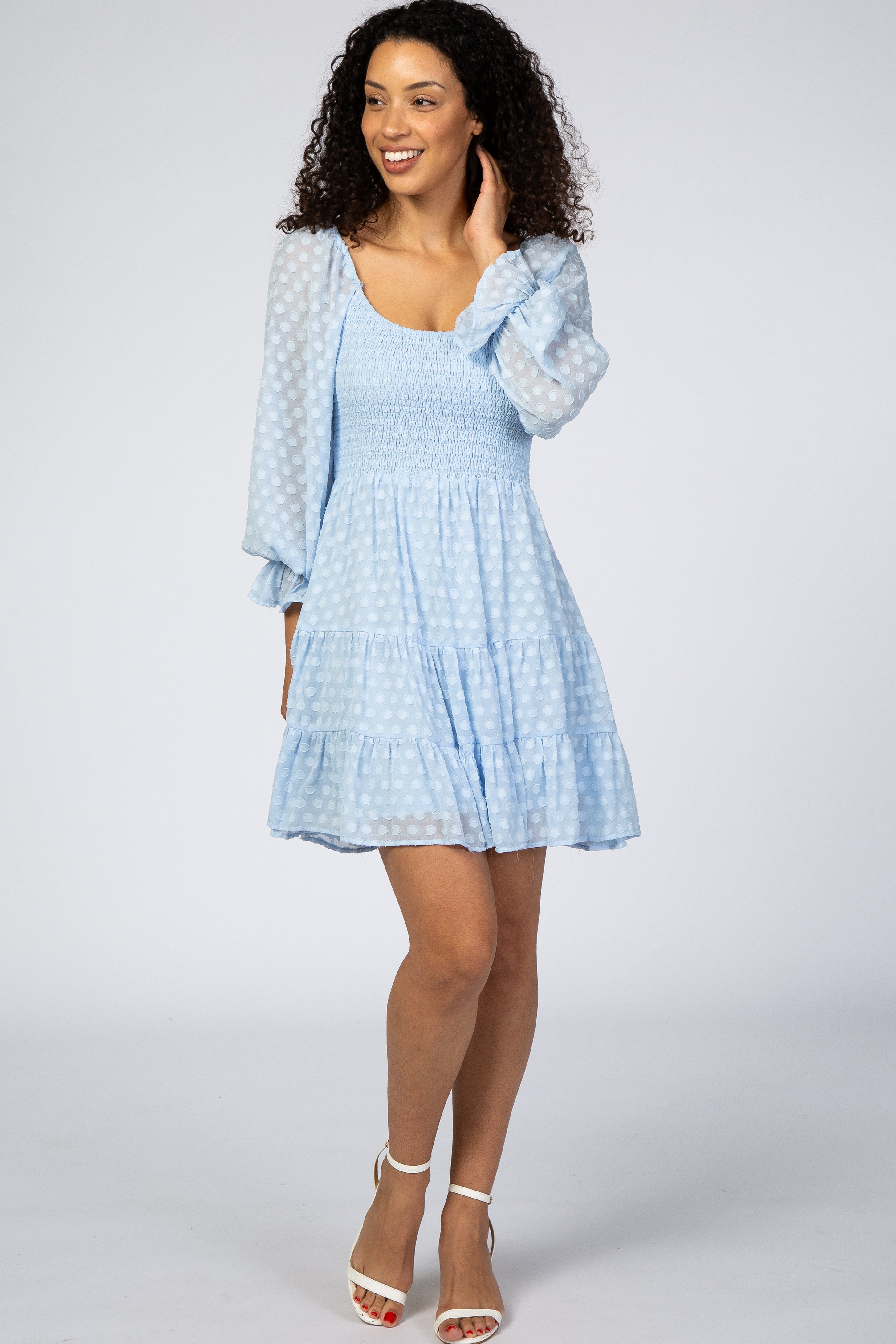 Light Blue Smocked Polka Dot Maternity Dress With Long Sleeves Tiered Skirt PinkBlush