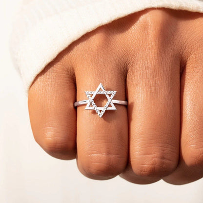 925 Sterling Silver Inlaid Zircon Hexagram Ring.