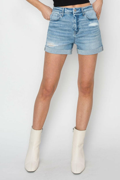 RISEN Distressed Mid-Rise Waist Denim Shorts.