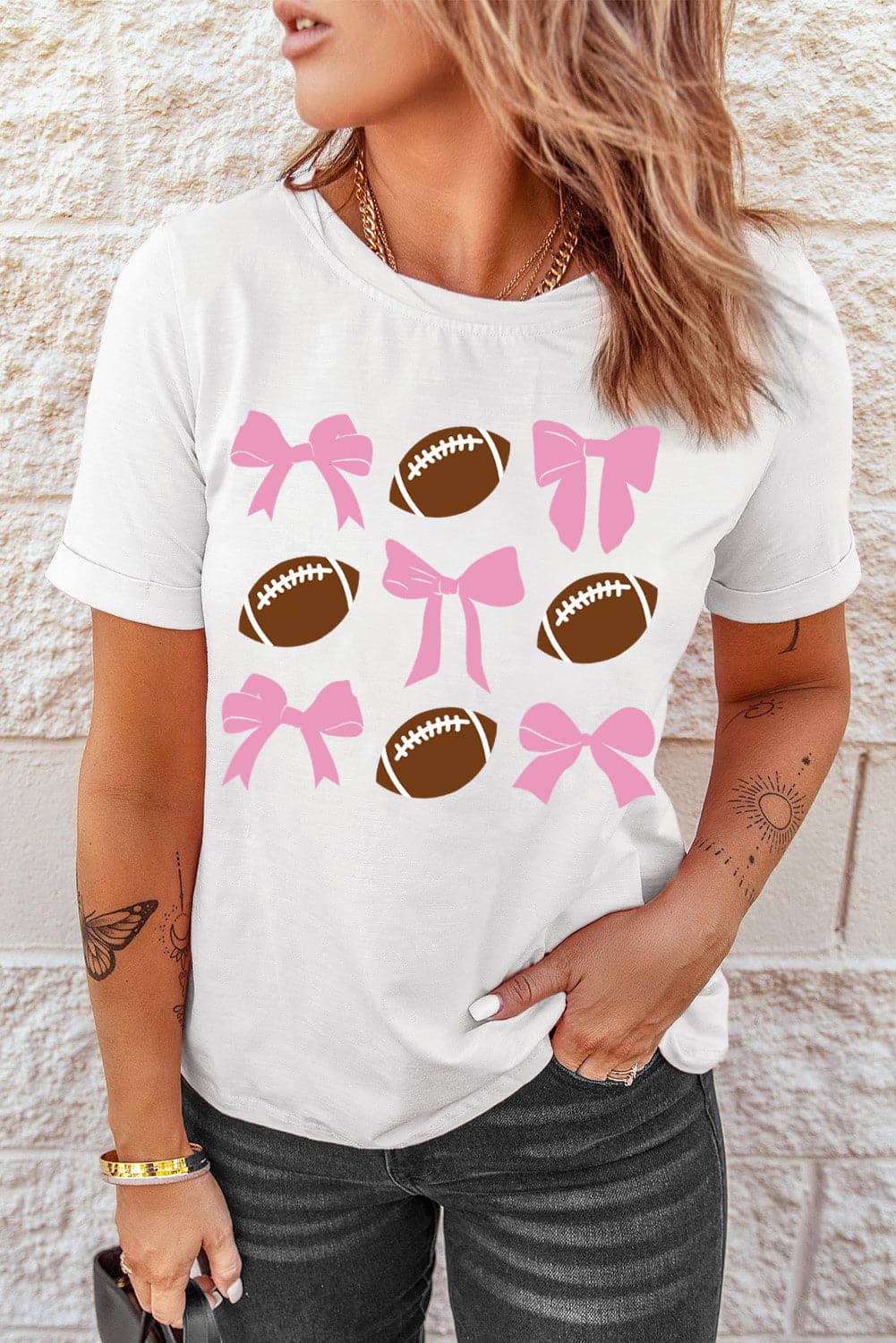 Football & Bow Round Neck Short Sleeve T-Shirt.