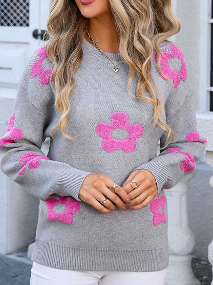 Flower Round Neck Long Sleeve Sweater.