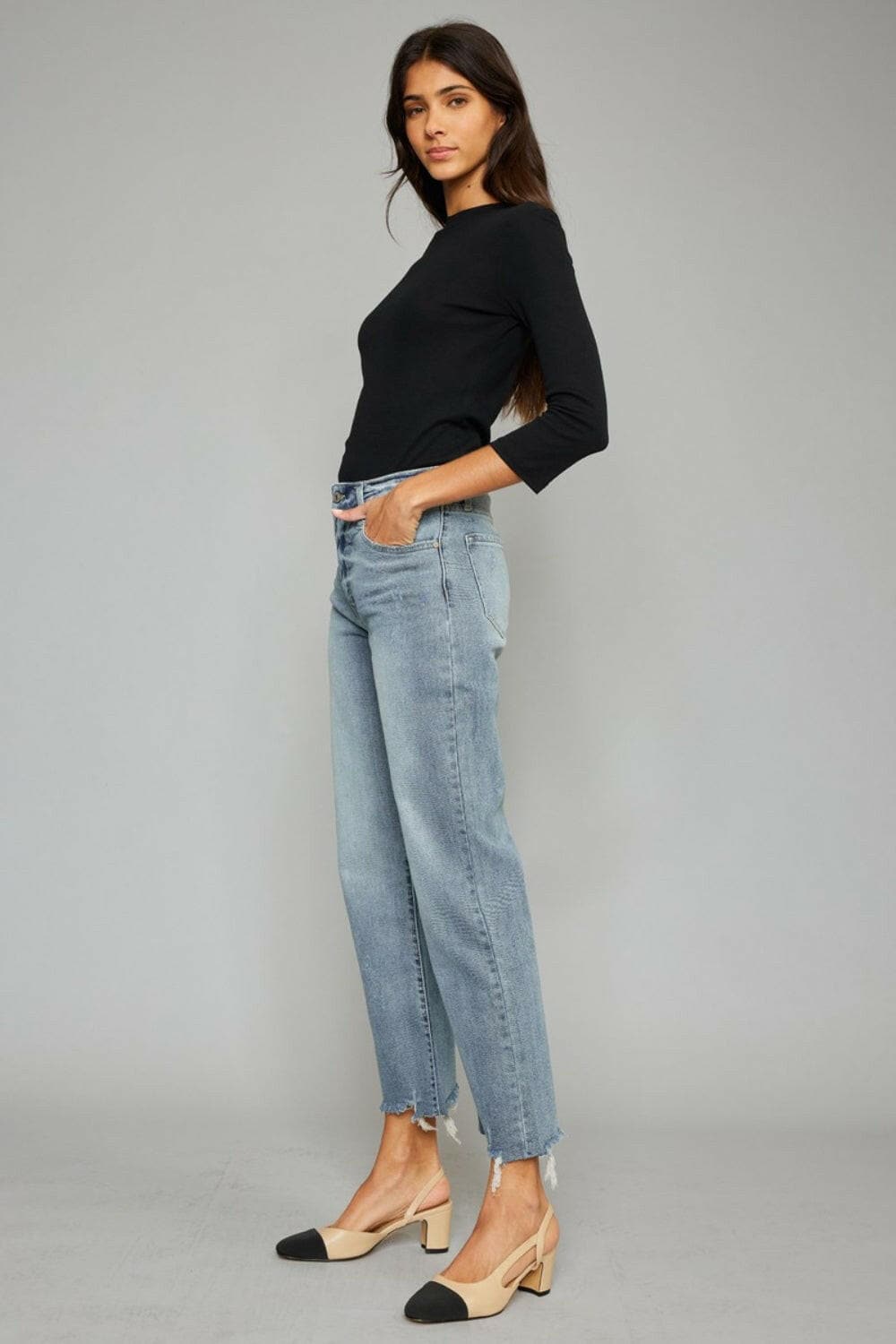 Kancan High Waist Raw Hem Cropped Wide Leg Jeans.