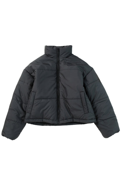 Sleek black puffer coat with zip closure and drawstring hem