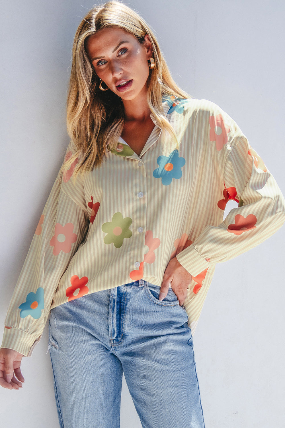 Chic apricot floral stripe button-up shirt for effortless style