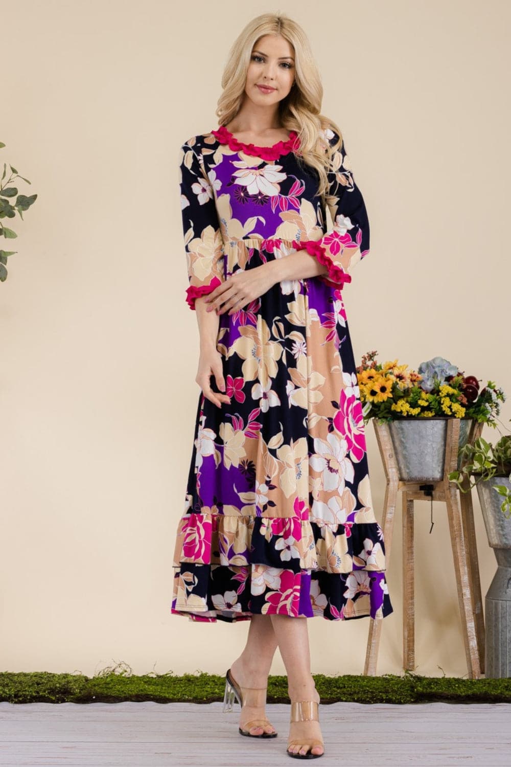 Celeste Full Size Floral Ruffled Midi Dress.