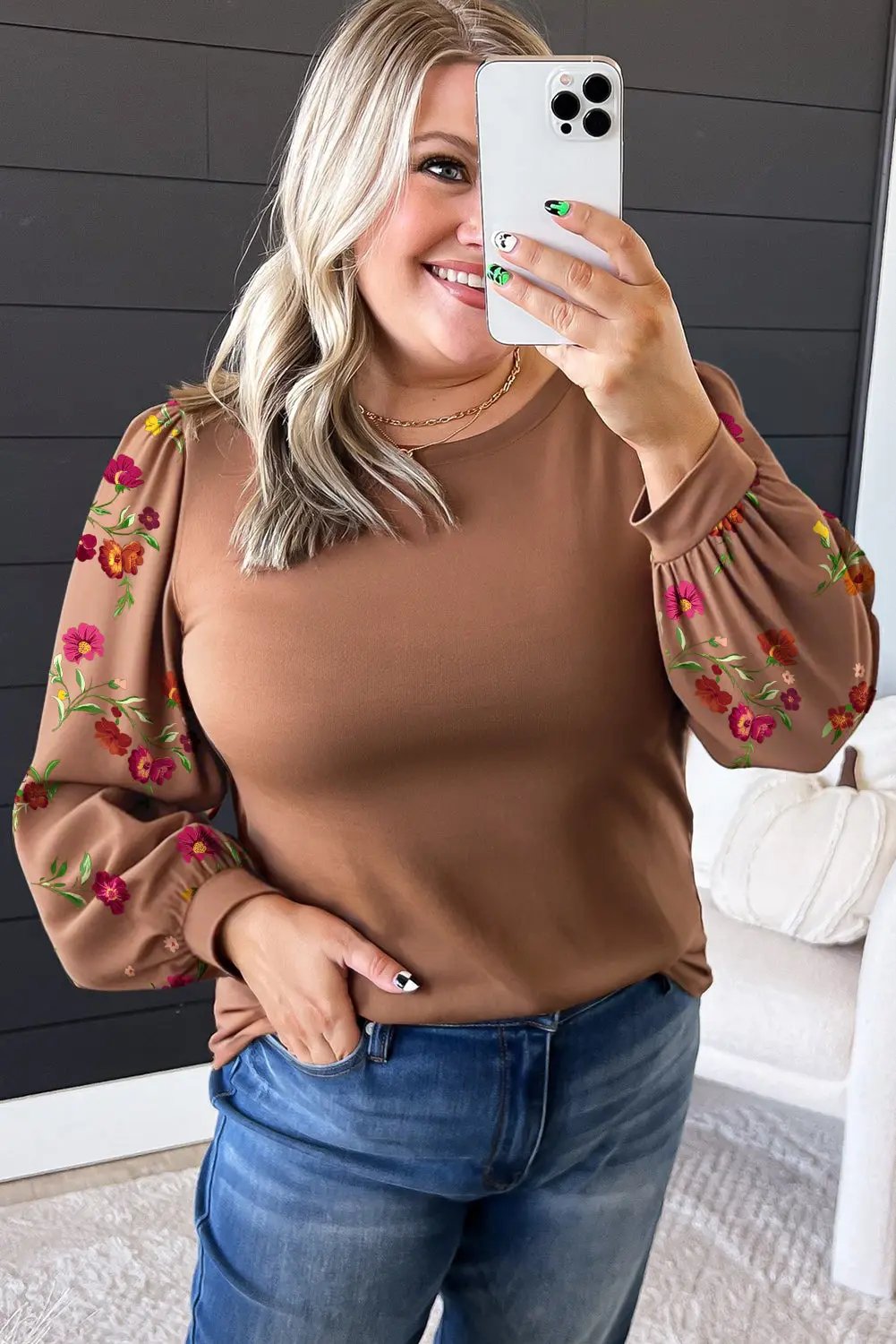 Brown Floral Sleeve Patchwork Round Neck Plus Size Blouse Dear-Lover Dropshipping