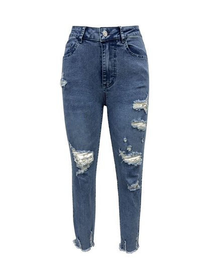 Distressed Raw Hem Jeans with Pockets