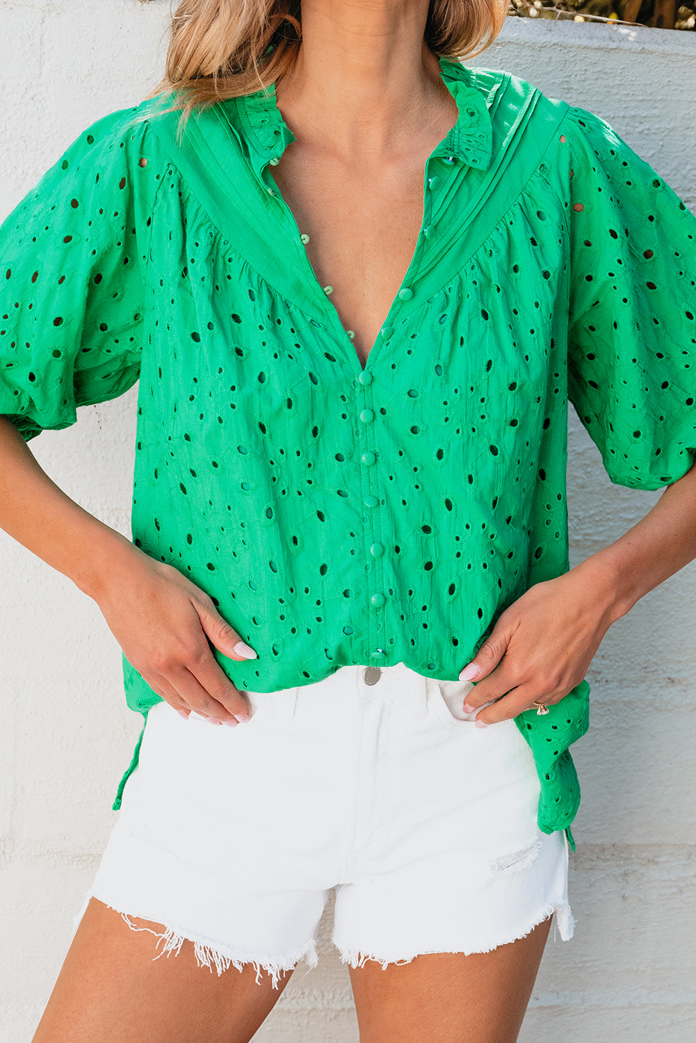 Charming green puff sleeve blouse